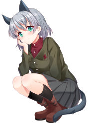 Rule 34 | 1girl, absurdres, animal ears, bad id, bad pixiv id, black socks, boots, cat ears, cat tail, green eyes, hand on own cheek, hand on own face, highres, kneehighs, lucha tongxie, military, military uniform, plaid, plaid skirt, red shirt, sanya v. litvyak, shirt, short hair, silver hair, skirt, smile, socks, solo, squatting, strike witches, tail, uniform, world witches series