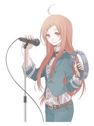 Rule 34 | 1girl, ahoge, bad id, bad pixiv id, belt, dress shirt, female focus, hair ornament, hairclip, instrument, jacket, kintaro, long hair, long sleeves, microphone, microphone stand, pants, red eyes, red hair, sf-a2 miki, shirt, solo, star (symbol), suspenders, tambourine, transparent background, vocaloid, watch, wristwatch