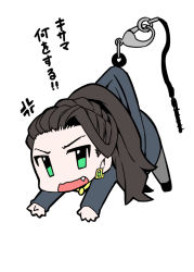 Rule 34 | 1girl, angry, ayakase riberi, black hair, chibi, earrings, executive mishiro, fang, formal, green eyes, hair slicked back, idolmaster, idolmaster cinderella girls, jewelry, charm (object), long hair, looking at viewer, necklace, open mouth, pantyhose, parody, ponytail, skirt, skirt suit, solo, suit, translation request