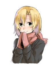 Rule 34 | 10s, 1girl, blonde hair, coat, gloves, green eyes, highres, kantai collection, maikaze (kancolle), mittens, scarf, simple background, smile, solo, tsukamoto minori, upper body, white background, winter clothes