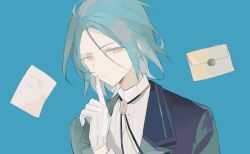 Rule 34 | 1boy, black jacket, blazer, blue background, blue hair, chinese commentary, ensemble stars!, envelope, finger to mouth, gloves, half-closed eyes, hand up, highres, himeru (ensemble stars!), jacket, looking at viewer, male focus, paper, shirt, short hair, shushing, simple background, solo, upper body, wax seal, white gloves, white shirt, wmikawa, yellow eyes