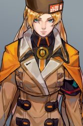 Rule 34 | 1girl, arc system works, armband, blonde hair, blue eyes, buttons, capelet, coat, double-breasted, guilty gear, guilty gear strive, hat, high collar, long sleeves, looking at viewer, millia rage, simple background, solo, uncle rabbit ii