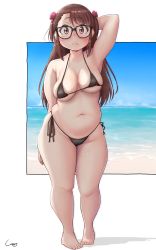 Rule 34 | 1girl, bikini, borrowed character, breasts, brown eyes, brown hair, closed mouth, commentary request, dot nose, full body, glasses, highres, large breasts, long hair, looking at viewer, medium breasts, navel, outside border, plump, raised eyebrows, shadow, shigekikkusu, signature, skindentation, solo, standing, swimsuit, tagme, tareme, thick thighs, thighs