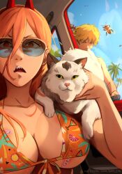 Rule 34 | 1boy, 1girl, absurdres, alternate breast size, bandaid, bikini, blonde hair, blue sky, breasts, bug, car interior, cat, chainsaw man, commentary, d:, day, denji (chainsaw man), front-tie bikini top, front-tie top, hello kitty, hello kitty (character), highres, horns, khyle., large breasts, long hair, open mouth, orange bikini, orange eyes, orange hair, power (chainsaw man), sanrio, sharp teeth, sky, sunglasses, swimsuit, teeth, upper body