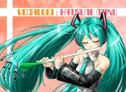 Rule 34 | bad id, bad pixiv id, detached sleeves, closed eyes, flute, green hair, hatsune miku, instrument, inusurvivor, long hair, necktie, solo, spring onion, twintails, very long hair, vocaloid
