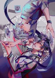 Rule 34 | 2boys, absurdres, black hair, cheng xiaoshi, collared shirt, film strip, green eyes, highres, holding, holding photo, lu guang, male focus, multiple boys, photo (object), profile, red eyes, shiguang dailiren, shirt, signature, watch, white hair, white shirt, wristwatch, zephyrine-gale