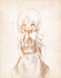 Rule 34 | 1girl, aki minoriko, apron, arinu, blush, clenched hands, dress, food, highres, long hair, looking at viewer, maid, maid apron, monochrome, mouth hold, pocky, puffy sleeves, ribbon, sepia, sketch, solo, touhou, wide sleeves