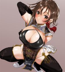 Rule 34 | 1girl, arm behind back, arm under breasts, arm up, black dress, black gloves, black thighhighs, blush, breasts, brown hair, character request, china dress, chinese clothes, cleavage, clenched teeth, commentary, covered erect nipples, criss-cross halter, crop top, crop top overhang, cropped jacket, dress, earrings, from above, gloves, gold trim, halterneck, jewelry, large breasts, original, panties, pelvic curtain, revealing clothes, see-through, short hair, side slit, solo, squatting, teeth, thighhighs, thighs, underwear, white footwear, white panties, yanyo (ogino atsuki)