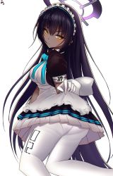 Rule 34 | 1girl, apron, black hair, blue archive, blue bow, bow, bowtie, dark-skinned female, dark skin, gloves, hair between eyes, halo, jungtong, karin (blue archive), kneeling, long hair, looking at viewer, looking back, maid, maid headdress, pantyhose, solo, white apron, white gloves, white pantyhose, yellow eyes