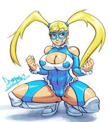 Rule 34 | 1990s (style), 1girl, abs, bare shoulders, blonde hair, blue eyes, boots, breasts, capcom, cleavage, cleavage cutout, clenched hands, clothing cutout, diepod, grin, highres, huge breasts, knee boots, knee pads, leotard, long hair, mask, rainbow mika, scrunchie, shoulder cutout, smile, solo, spread legs, squatting, street fighter, street fighter zero (series), twintails, wrestling outfit