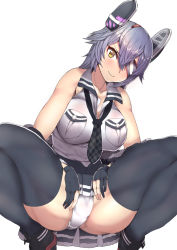 Rule 34 | 1girl, bad id, bad pixiv id, bare arms, black gloves, black skirt, black thighhighs, breast pocket, breasts, checkered clothes, checkered necktie, checkered neckwear, cleavage, collarbone, eyepatch, gloves, headgear, highres, kantai collection, large breasts, looking at viewer, medium hair, necktie, panties, pantyshot, partially fingerless gloves, pocket, purple hair, sikijou77o, simple background, skirt, solo, spread legs, squatting, tenryuu (kancolle), tenryuu kai ni (kancolle), thick thighs, thighhighs, thighs, underwear, vest, white background, white vest, yellow eyes