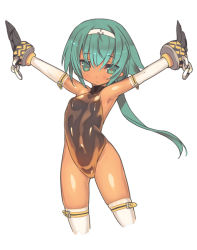 Rule 34 | 1girl, black gloves, blade (galaxist), breasts, character request, covered navel, cowboy shot, cropped legs, cuffs, dark-skinned female, dark skin, detached sleeves, gloves, green eyes, green hair, hairband, leotard, long hair, matching hair/eyes, outstretched arms, ponytail, shackles, simple background, skindentation, small breasts, solo, spread arms, thighhighs, white background, white thighhighs