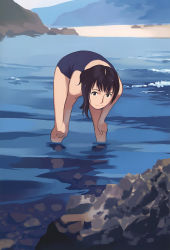 Rule 34 | 1girl, absurdres, black one-piece swimsuit, black school swimsuit, day, highres, one-piece swimsuit, school swimsuit, sky, smile, solo, swimsuit, takamichi, wading, water
