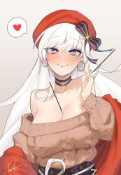 Rule 34 | 1girl, aran sweater, azur lane, bare shoulders, belfast (azur lane), belfast (shopping with the head maid) (azur lane), between breasts, blush, breasts, brown sweater, cable knit, choker, cleavage, closed mouth, collarbone, commentary, duplicate, earrings, food, hat, heart, heart-shaped pupils, highres, holding, holding food, holding pocky, hoop earrings, jacket, jewelry, large breasts, long hair, off-shoulder sweater, off shoulder, pocky, pocky day, purple eyes, red headwear, red jacket, ribbon, skirt, smile, sweater, symbol-shaped pupils, user rsfj2585, white hair