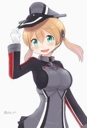 Rule 34 | 1girl, :d, ahenn, aqua eyes, blonde hair, grey background, hair between eyes, hat, kantai collection, long hair, low twintails, military, military uniform, open mouth, peaked cap, prinz eugen (kancolle), simple background, smile, solo, twintails, twitter username, uniform