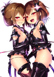 Rule 34 | 10s, 2girls, abyssal ship, blush, breasts, brown hair, corruption, dark persona, elbow gloves, fang, gloves, grin, heart, heart tattoo, highres, ikazuchi (kancolle), inazuma (kancolle), interlocked fingers, kantai collection, looking at viewer, multiple girls, open mouth, pubic tattoo, red eyes, satou kuuki, short hair, small breasts, smile, symbol-shaped pupils, tattoo, thighhighs, white background