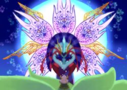 Rule 34 | 1boy, 1girl, cape, commentary request, crown, crying, crying with eyes open, flower, gloves, glowing, green cape, half-closed eyes, heart, highres, horns, insect wings, kirby: triple deluxe, kirby (series), looking at another, moon, multiple wings, nintendo, no humans, queen sectonia, red eyes, short hair, size difference, star (symbol), straight-on, takenokonoko, taranza, tears, white gloves, white hair, wings, yellow horns