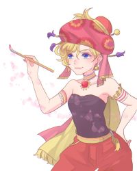 Rule 34 | 1girl, armband, bad id, bad twitter id, bare shoulders, black shirt, blonde hair, blue eyes, breasts, choker, closed mouth, earrings, final fantasy, final fantasy vi, hair between eyes, hand on own hip, hat, highres, holding, holding paintbrush, jewelry, paintbrush, pants, petals, red hat, red pants, relm arrowny, shirt, short hair, small breasts, smile, solo, strapless, strapless shirt, toufu (toufu 53), tube top, white background