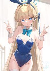 Rule 34 | 1girl, animal ears, blonde hair, blue archive, blue bow, blue bowtie, blue eyes, blue hair, blue halo, blue leotard, blush, bow, bowtie, braid, breasts, closed mouth, commentary request, cowboy shot, detached collar, double v, fake animal ears, groin, halo, highres, leotard, long hair, looking at viewer, medium breasts, multicolored hair, official alternate costume, playboy bunny, rabbit ears, saeki sora, signature, solo, strapless, strapless leotard, streaked hair, toki (blue archive), toki (bunny) (blue archive), v, white wrist cuffs, wrist cuffs
