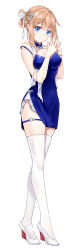 Rule 34 | 1girl, alternate costume, bad id, bad pixiv id, blue dress, blue eyes, china dress, chinese clothes, cleavage cutout, clothing cutout, dress, full body, high heels, highres, jiushi shijiu, light brown hair, phelps (warship girls r), side slit, simple background, sleeveless, sleeveless dress, solo, standing, thighhighs, warship girls r, white background, white footwear, white thighhighs
