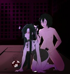 Rule 34 | 1boy, 1girl, all fours, black hair, blush, breasts, choker, clothed female nude male, clothed sex, doggystyle, dress, grabbing another&#039;s hair, hair over one eye, hetero, highres, kasugano tsubaki, long hair, male pubic hair, mirai nikki, nude, ouji kosaka, pubic hair, sex, sex from behind