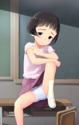 Rule 34 | 1girl, arm rest, black eyes, black hair, blush, cameltoe, chalkboard, child, classroom, closed mouth, clothes lift, day, desk, foot out of frame, furrowed brow, half-closed eyes, hand on own arm, hand on own knee, hands up, head tilt, highres, indoors, knee up, looking at viewer, mary janes, on desk, original, panties, pink shirt, purple skirt, qm, school desk, shirt, shoes, short hair, short sleeves, sitting, on desk, skirt, skirt lift, socks, solo, spread legs, striped clothes, striped shirt, t-shirt, underwear, upskirt, white footwear, white panties, white socks