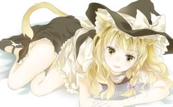 Rule 34 | 1girl, animal ears, apron, bad id, bad pixiv id, blonde hair, blush, bow, braid, brown eyes, cat ears, cat girl, cat tail, dress, female focus, frills, gradient background, hair bow, hair ornament, hat, kirisame marisa, licking, lying, on side, solo, tail, tongue, touhou, wavy hair, white background, witch, witch hat, yatomi