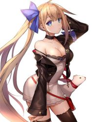 Rule 34 | 1girl, 6688km, animal, bad id, bad twitter id, black bra, black jacket, black thighhighs, blonde hair, blue bow, blue theme, bow, bra, breasts, choker, cleavage, collarbone, cowboy shot, dress, fal (girls&#039; frontline), floating hair, girls&#039; frontline, hair between eyes, hair bow, hand in own hair, jacket, long hair, long sleeves, medium breasts, off shoulder, open clothes, open jacket, parted lips, shiny clothes, shiny skin, short dress, side ponytail, sleeveless, sleeveless dress, solo, standing, strapless, strapless dress, thighhighs, underwear, very long hair, white dress, zettai ryouiki