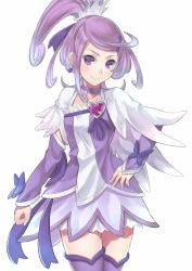 Rule 34 | 1girl, arm warmers, brooch, choker, cure sword, detached sleeves, dokidoki! precure, dress, earrings, hair ornament, hairpin, heart, heart brooch, jewelry, kenzaki makoto, magical girl, ponytail, precure, purple dress, purple eyes, purple hair, purple skirt, purple theme, purple thighhighs, ray-akila, short hair, simple background, skirt, smile, solo, spade, thighhighs, white background