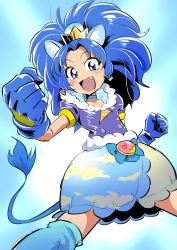 Rule 34 | 10s, 1girl, :d, animal ears, blue eyes, blue gloves, blue hair, blue socks, blue theme, choker, clenched hand, commentary request, crown, cure gelato, doriyamatsurugi, earrings, fang, fighting stance, gloves, highres, jewelry, kirakira precure a la mode, kneehighs, layered skirt, lion ears, lion tail, long hair, magical girl, matching hair/eyes, mini crown, open mouth, precure, sketch, skirt, smile, socks, solo, tail, tategami aoi