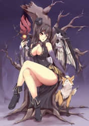 Rule 34 | 1girl, :d, animal, ankle boots, bare legs, bare shoulders, bare tree, black dress, blush, boots, breasts, bridal gauntlets, brown hair, chain, cleavage, dark background, demon wings, dress, elbow gloves, fox, full body, gloves, hat, highres, large breasts, crossed legs, light smile, long hair, looking at viewer, open mouth, original, packge, red eyes, simple background, sitting, smile, solo, star (symbol), tareme, tree, wand, wings
