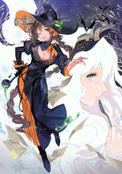 Rule 34 | 1girl, bat (animal), blue eyes, book, braid, breasts, brown hair, bubble, cleavage, dated, dress, fangs, floating, floating object, frog, gloves, green eyes, halloween, halloween costume, hat, highres, large breasts, liquid, long hair, looking at viewer, magic, open mouth, original, scroll, signature, single braid, sky, snowflakes, soup ladle, spoon, star (sky), starry sky, very long hair, wbfish, white hair, witch, witch hat