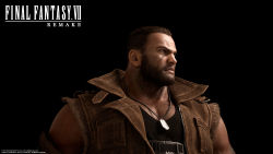 Rule 34 | 1boy, 3d, absurdres, barret wallace, beard, black background, copyright notice, dark-skinned male, dark skin, dog tags, facial hair, final fantasy, final fantasy vii, final fantasy vii remake, highres, looking to the side, male focus, manly, muscular, official art, realistic, scar, sleeveless, solo, square enix, upper body, vest