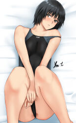 Rule 34 | 1girl, amagami, black hair, black one-piece swimsuit, blush, breasts, brown eyes, competition swimsuit, highres, lying, nanasaki ai, on back, one-piece swimsuit, parted lips, short hair, small breasts, solo, strap slip, swimsuit, two-tone swimsuit, yoo tenchi