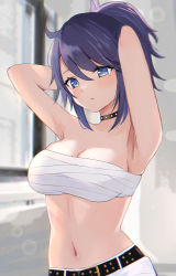 Rule 34 | 1girl, absurdres, ahoge, armpits, arms behind head, arms up, bandages, bandeau, bare shoulders, belt, black belt, black choker, blue eyes, blue hair, blush, breasts, chest sarashi, choker, cleavage, commentary request, head tilt, highres, kson, large breasts, long hair, looking at viewer, medium breasts, midriff, mole, mole under eye, multicolored hair, navel, pants, parted lips, ponytail, purple hair, sarashi, solo, souchou, spiked choker, spikes, srymurr, stomach, strapless, streaked hair, tube top, upper body, virtual youtuber, vshojo, white pants