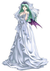 Rule 34 | 1girl, :o, alternate costume, aqua hair, bare shoulders, bat wings, breasts, bridal veil, bride, capcom, cleavage, commentary, cross edge, demon girl, detached sleeves, dress, female focus, finger to mouth, frills, full body, green eyes, green hair, hair ornament, lace, large breasts, long hair, matching hair/eyes, morrigan aensland, nakamura tatsunori, off shoulder, official art, open mouth, pointing, see-through, simple background, solo, standing, vampire (game), veil, wedding, wedding dress, wings