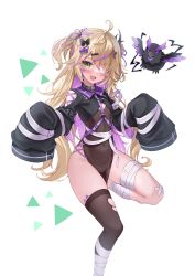 Rule 34 | 1girl, :d, absurdres, ahoge, alternate costume, bandaged leg, bandages, bird, black choker, black thighhighs, blonde hair, bow, brown dress, brown thighhighs, chest harness, choker, clothing cutout, colored inner hair, covered navel, dress, eyepatch, fang, fischl (genshin impact), flat chest, genshin impact, green eyes, hair bow, harness, highres, leg up, long hair, long sleeves, looking at viewer, multicolored hair, no panties, open mouth, oz (genshin impact), pelvic curtain, purple hair, shoulder cutout, shrug (clothing), single thighhigh, skindentation, sleeves past fingers, sleeves past wrists, smile, solo, streaked hair, thighhighs, thighs, torn clothes, torn thighhighs, two-tone hair, two side up, verslll, very long hair, wing collar