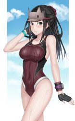 Rule 34 | 1girl, black hair, blush, breasts, competition swimsuit, covered navel, fingerless gloves, full body, gloves, hat, highres, kai schren, long hair, looking at viewer, one-piece swimsuit, ponytail, senjou no valkyria (series), senjou no valkyria 4, solo, swimsuit, vodka13