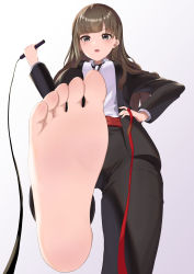 Rule 34 | 1girl, absurdres, asahina yuzuki, belt, black eyes, black pants, brown hair, business suit, feet, femdom, foot focus, formal, hand on own hip, highres, holding, holding leash, holding whip, i-chu, jacket, leash, long hair, looking at viewer, office lady, open clothes, open jacket, pants, pov, sameshimafuka, shirt, simple background, soles, suit, suit jacket, suit pants, toes, whip, white background, white shirt