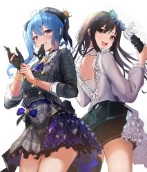 Rule 34 | 2girls, absurdres, ahoge, ass, back-to-back, belt, black hair, blue eyes, blue hair, blush, bracelet, crossover, crown, dress, frills, glove in mouth, glove pull, gloves, grey eyes, hair ornament, hanabasami kyou, highres, holding, holding microphone, hololive, hoshimachi suisei, hoshimachi suisei (1st costume), idol, jewelry, long hair, microphone, mini crown, mouth hold, mugiusagi, multiple girls, open mouth, plaid, plaid dress, re:act, shirt, shorts, side ponytail, smile, star (symbol), star in eye, symbol in eye, virtual youtuber, white shirt