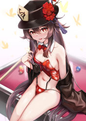 Rule 34 | 1girl, absurdres, ball, bare shoulders, billiard ball, billiards, black hat, black jacket, blush, breasts, brown hair, bug, butterfly, collarbone, detached collar, flower, genshin impact, hat, hat flower, highres, hu tao (genshin impact), insect, jacket, long hair, long sleeves, looking at viewer, medium breasts, navel, off shoulder, open mouth, plum blossoms, pool table, red eyes, sitting, skai kun, smile, symbol-shaped pupils, table, tassel, thighs, twintails, very long hair