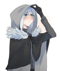 Rule 34 | 1girl, arm up, black capelet, black gloves, blush, capelet, cloak, closed mouth, fate (series), fur-trimmed capelet, fur trim, gloves, gray (fate), grey cloak, highres, hood, hood up, hooded cloak, long sleeves, looking up, lord el-melloi ii case files, osionopan, solo, upper body, white background, white hair