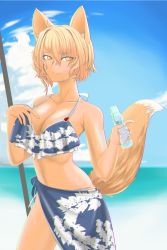 Rule 34 | 1girl, absurdres, animal ears, beach, bikini, blonde hair, blue bikini, bottle, breasts, cleavage, cloud, collarbone, commentary request, cowboy shot, day, fox ears, fox tail, hand on own chest, highres, large breasts, leaf print, light smile, looking at viewer, looking to the side, navel, no headwear, no headwear, ocean, outdoors, sarong, short hair, side-tie bikini bottom, single tail, slit pupils, solo, soretsu nitohei, standing, swimsuit, tail, touhou, water bottle, yakumo ran, yellow eyes