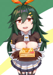 Rule 34 | 1girl, absurdres, bad id, bad pixiv id, blush, breasts, buttons, cake, ameli (girls&#039; frontline), cleavage, cleavage cutout, clothing cutout, food, girls&#039; frontline, gloves, green hair, headband, highres, holding, incoming hug, large breasts, long hair, looking at viewer, open mouth, red eyes, rifusutaku, simple background, skirt, solo, thighhighs, tray