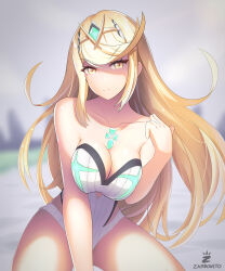 Rule 34 | 1girl, absurdres, blonde hair, breasts, cleavage, highres, large breasts, looking at viewer, matching hair/eyes, medium breasts, mythra (radiant beach) (xenoblade), mythra (xenoblade), one-piece swimsuit, outdoors, solo, swimsuit, xenoblade chronicles (series), xenoblade chronicles 2, yellow eyes, zambonito
