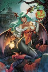 Rule 34 | 1girl, bat wings, breasts, capcom, cleavage, covered erect nipples, covered navel, demon girl, green eyes, green hair, halloween, highres, large breasts, leg lift, legs, leotard, long hair, looking at viewer, morrigan aensland, parted lips, red lips, smile, solo, thighs, vampire (game), wings