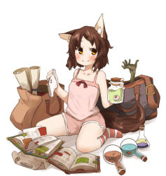 Rule 34 | 1girl, amonitto, animal ears, bag, bare arms, bare shoulders, book, brown eyes, brown hair, cat ears, cat tail, chemise, collarbone, erlenmeyer flask, eyeball, flask, gym shorts, open book, original, panties, scroll, shorts, sitting, smile, solo, tail, underwear, wariza, white panties