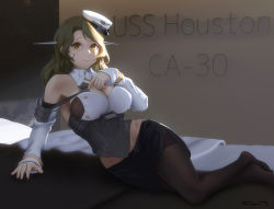 Rule 34 | 1girl, artist logo, bed, black pantyhose, black skirt, breasts, brown eyes, character name, detached sleeves, echt, full body, hat, headgear, houston (kancolle), kantai collection, large breasts, light brown hair, long hair, looking at viewer, military, military uniform, naval uniform, pantyhose, peaked cap, pencil skirt, skirt, smile, solo, thighband pantyhose, uniform, white hat