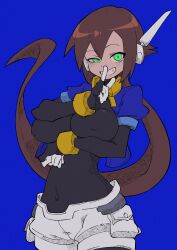 Rule 34 | 1girl, absurdres, aile (mega man zx), black bodysuit, blue background, blue jacket, blush, bodysuit, bodysuit under clothes, breasts, brown hair, buzzlyears, covered erect nipples, covered navel, cropped jacket, fang, glowing, green eyes, highres, jacket, large breasts, long hair, looking at viewer, mega man (series), mega man zx, mega man zx advent, open clothes, open jacket, ponytail, robot ears, shorts, simple background, smile, solo, white shorts