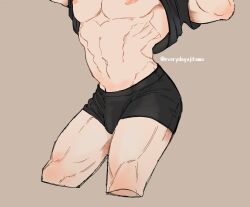 Rule 34 | 1boy, abs, alternate pectoral size, arched back, bara, black male underwear, boxers, bulge, cowboy shot, cropped legs, everydayajitama, head out of frame, highres, inverted nipples, itadori yuuji, jujutsu kaisen, large pectorals, lifting own clothes, male focus, male underwear, muscular, muscular male, nipples, pants, pectorals, shirt, short hair, solo, standing, stomach, undercut, underwear, undressing, v-taper